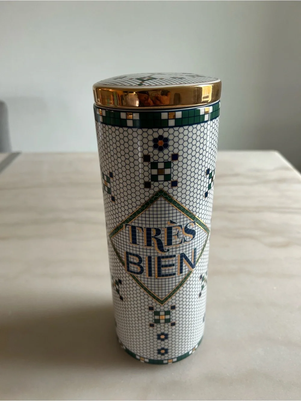 Anthropologie Mosaic 'Trés Bien' French Bistro Tile Canister Jar with Gold Lid
